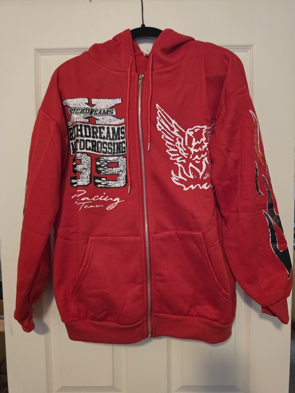 Men/Women Red Zip-Up Hooded Jacket with Graphic Print